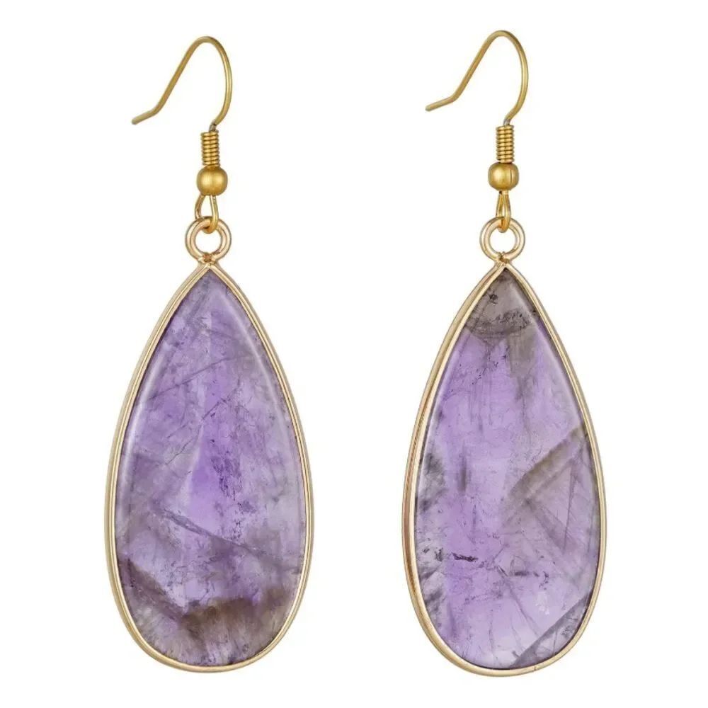 18K Yellow Gold with Natural Amethyst Stone French Wire Drop Hook Earrings